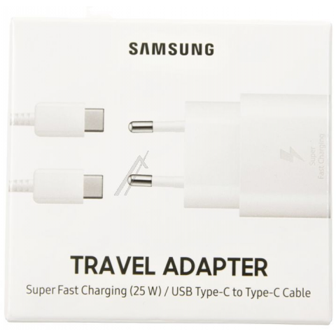 Tinklo įkroviklis 220V Samsung EP-TA800 USB C 3A 25W + USB C 1.2m greito krovimo (QC3.0) baltas (white) box originalas